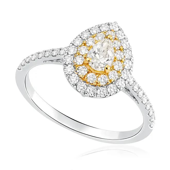 Anel Gota Trabalhado de Ouro Branco com Diamantes Totalizando 1,0 Cts.