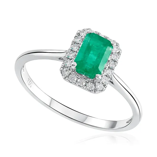 Anel de Ouro Branco com Diamantes e Esmeralda de 70 Pts