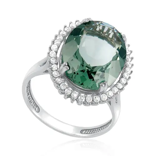 Anel Ouro Branco 18K com 36 Diamantes e Prasiolita