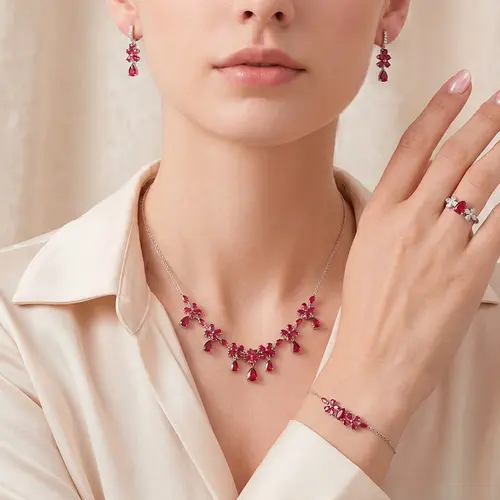 Conjunto Gargantilha, Pulseira, Par de Brincos e Anel de Prata com Cristais e Rubi