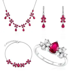 Conjunto Gargantilha, Pulseira, Par de Brincos e Anel de Prata com Cristais e Rubi