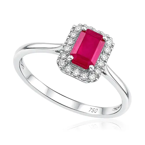 Anel de Ouro Branco com Diamantes e Rubi de 70 Pts