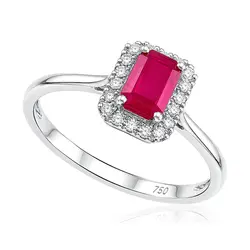 Anel de Ouro Branco com Diamantes e Rubi de 70 Pts