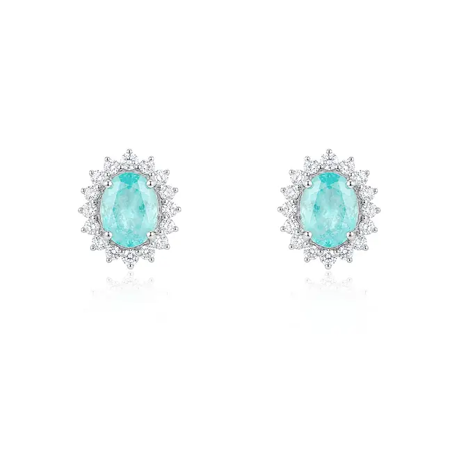 Par de Brincos de Ouro Branco com Diamantes e Turmalinas Paraíbas totalizando 1,50 Cts.