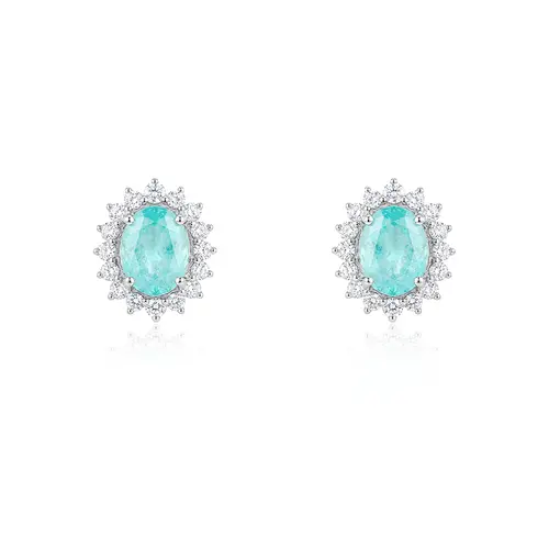 Par de Brincos de Ouro Branco com Diamantes e Turmalinas Paraíbas totalizando 1,50 Cts.