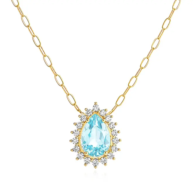 Pingente de Ouro Amarelo com Corrente, 18 Zirconia e Topázio Swiss Central.