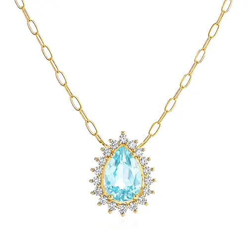 Pingente de Ouro Amarelo com Corrente, 18 Zirconia e Topázio Swiss Central.