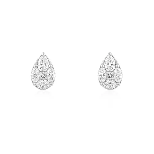 Par de Brincos Gota Trabalhado de Ouro Branco 18K com Diamantes