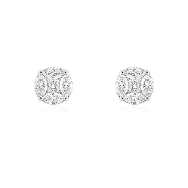 Par de Brincos Trabalhado de Ouro Branco 18K com Diamantes