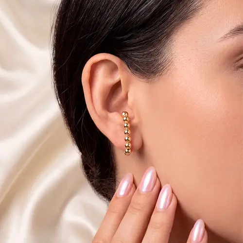 Par de Brincos  Ear Hook Meia Esfera em Ouro Amarelo