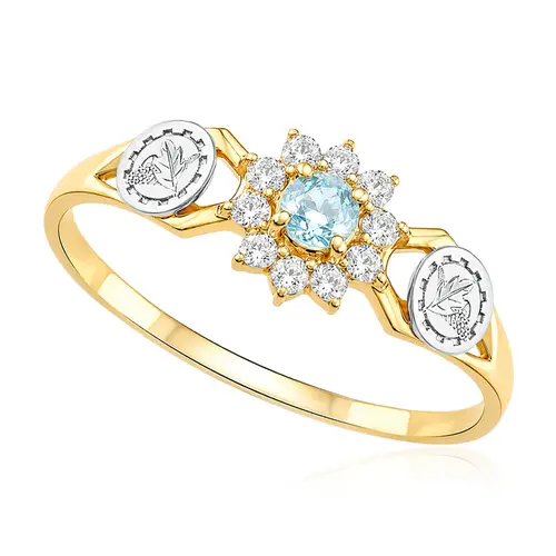 Anel Ouro Amarelo 18K modelo Formatura com Água Marinha