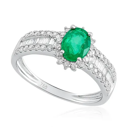 Anel de Ouro com Diamantes e Esmeralda de 65 pts.