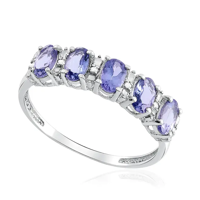 Meia Aliança Trabalhada de Ouro Branco com Diamantes e 5 Tanzanita Totalizando 1,10 Cts.