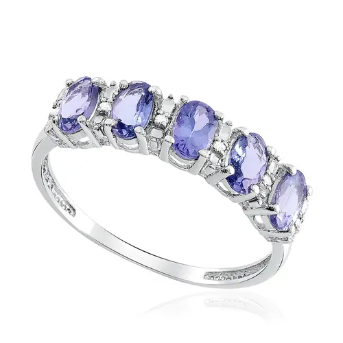 Meia Aliança Trabalhada de Ouro Branco com Diamantes e 5 Tanzanita Totalizando 1,10 Cts.