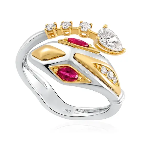 Anel Serpente de Ouro Duas Cores com Diamantes e Rubis.