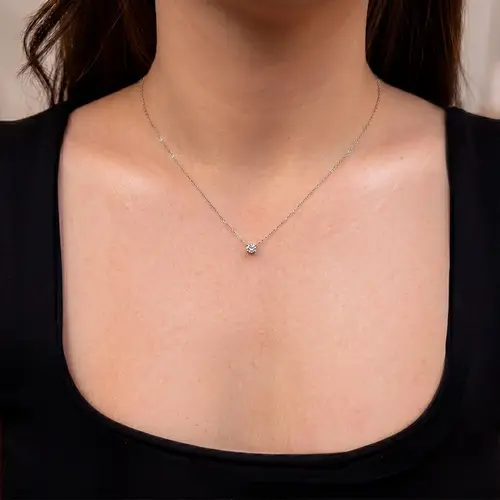 Pingente Ponto de Luz de Ouro Branco com Corrente e Diamante de Laboratório