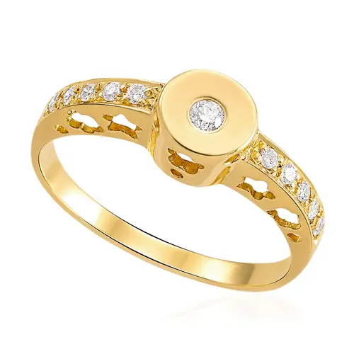 Anel Trabalhado de Ouro Amarelo com Diamantes Totalizando 15 Pts.