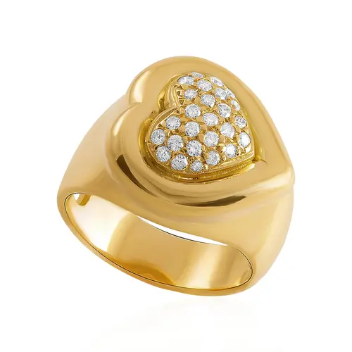 Anel Trabalhado Coração de Ouro Amarelo com Diamantes Totalizando 40 Pts.