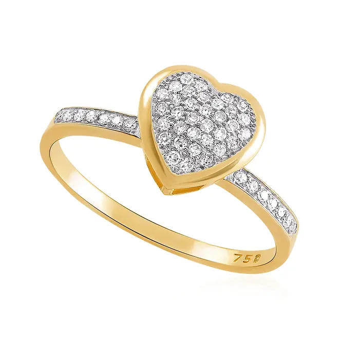 Anel Trabalhado Coração de Ouro Amarelo com Diamantes Totalizando 50 Pts.