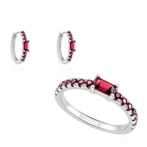 Conjunto de Anel e Par de Brincos Argola com Turmalinas Rosas.