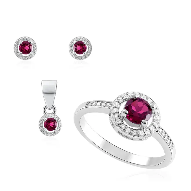 Conjunto Par de Brincos, Pingente  e Anel de Prata com Cristais e Turmalinas Rosas