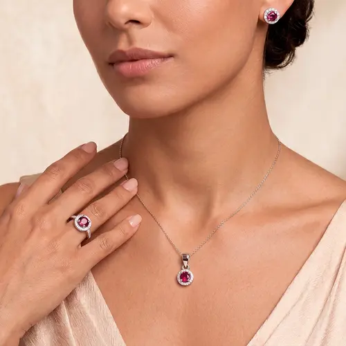 Conjunto Par de Brincos, Pingente  e Anel de Prata com Cristais e Turmalinas Rosas