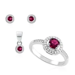 Conjunto Par de Brincos, Pingente  e Anel de Prata com Cristais e Turmalinas Rosas