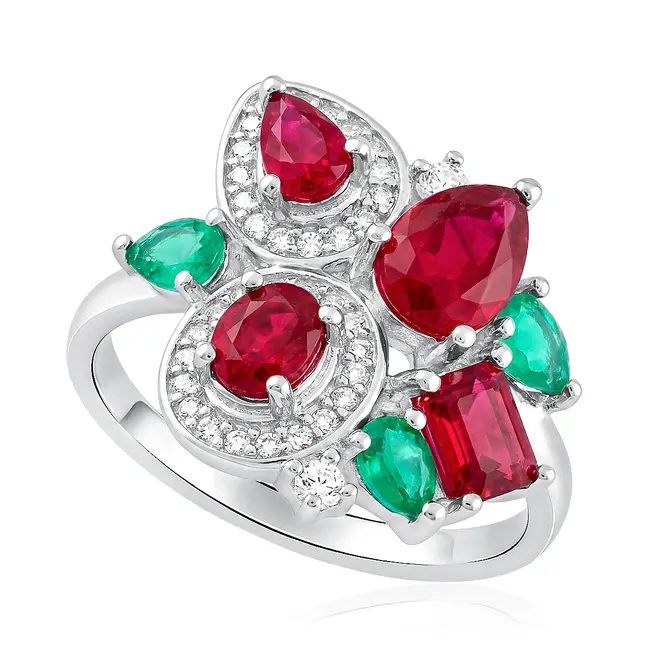 Conjunto Par de Brincos e Anel de Prata. Com Cristais, Esmeraldas, Rubis.