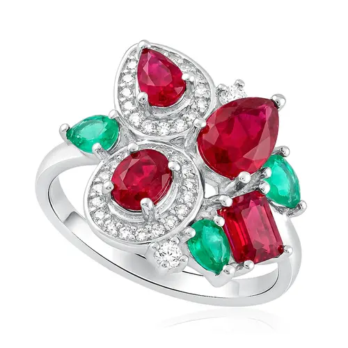 Conjunto Par de Brincos e Anel de Prata. Com Cristais, Esmeraldas, Rubis.