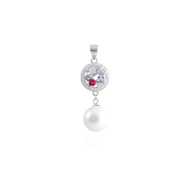 Conjunto Anel, Par de Brincos e Pingente em Prata com Cristais, Pérolas, Tanzanitas e Rubis.