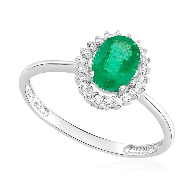 Anel, Esmeralda Colombiana 5x7 mm 80 Pts, 22 Diamantes 11 Pts.