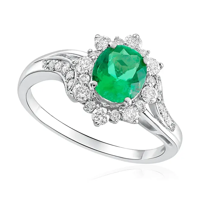 Anel, Esmeralda Colombiana 6x8 mm 1,50 Cts, 26 Diamantes 30 Pts.
