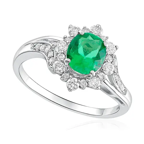 Anel, Esmeralda Colombiana 6x8 mm 1,50 Cts, 26 Diamantes 30 Pts.