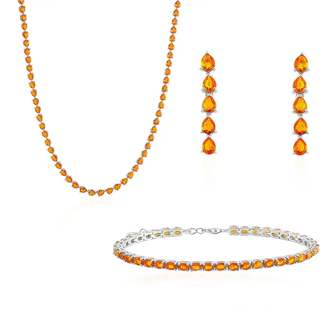 Conjunto Gargantilha e Pulseira de Prata com Safiras Laranjas.