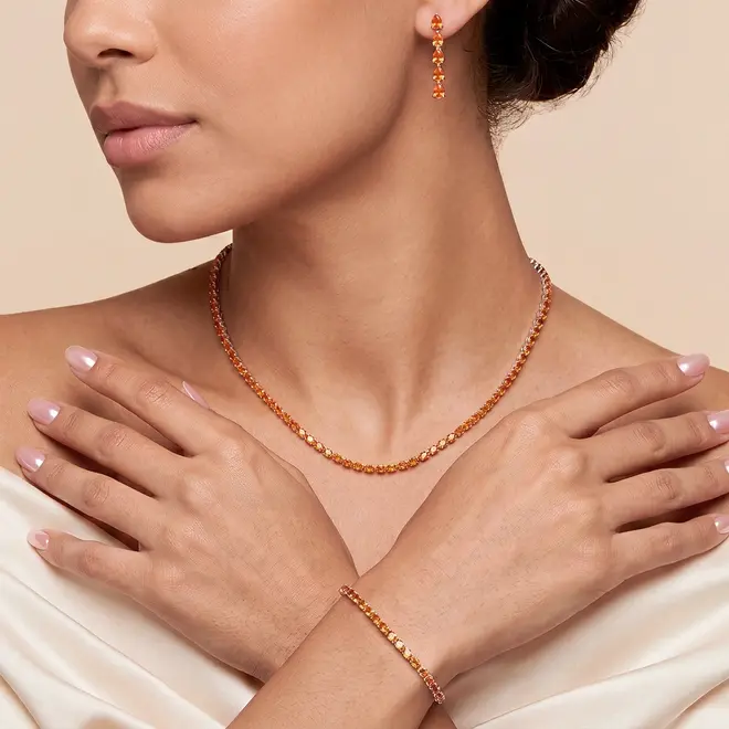 Conjunto Gargantilha e Pulseira de Prata com Safiras Laranjas.