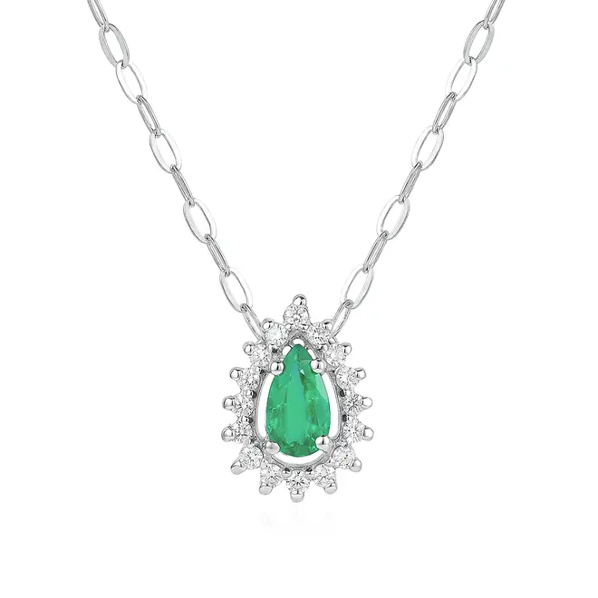 Pingente e Corrente de Ouro Branco com 16 Diamantes e Esmeralda Gota