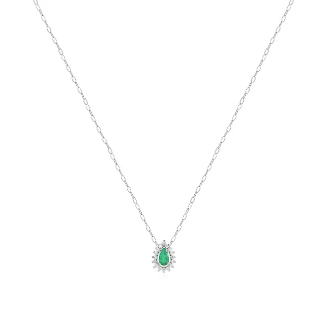 Pingente e Corrente de Ouro Branco com 16 Diamantes e Esmeralda Gota