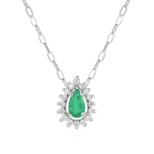 Pingente e Corrente de Ouro Branco com 16 Diamantes e Esmeralda Gota