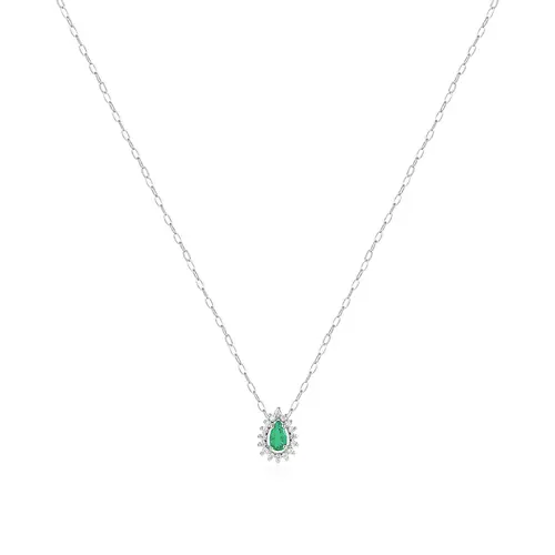 Pingente e Corrente de Ouro Branco com 16 Diamantes e Esmeralda Gota