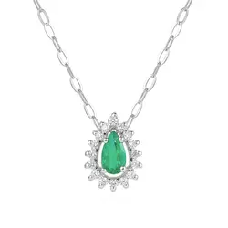 Pingente e Corrente de Ouro Branco com 16 Diamantes e Esmeralda Gota