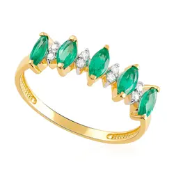 Meia Aliança de Ouro Amarelo 18K com 8 Diamantes e 5 Esmeraldas Navete