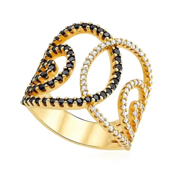 Anel Vazado de Ouro Amarelo com Diamantes Negros e Diamantes