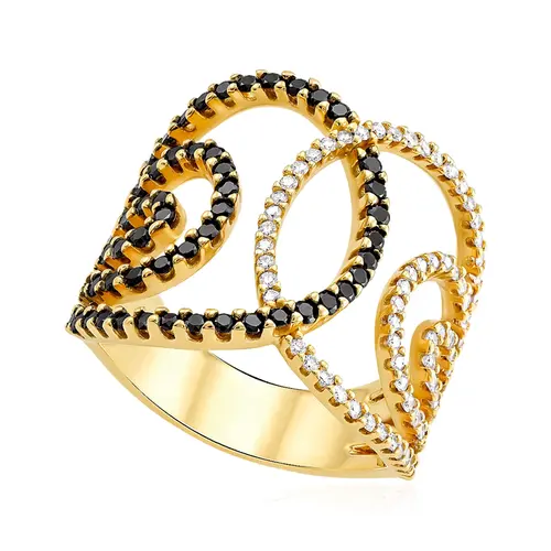 Anel Vazado de Ouro Amarelo com Diamantes Negros e Diamantes