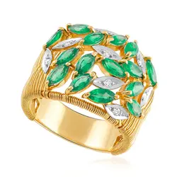 Anel Aramado Ouro Amarelo 18K com 8 Diamantes e 15 Esmeraldas