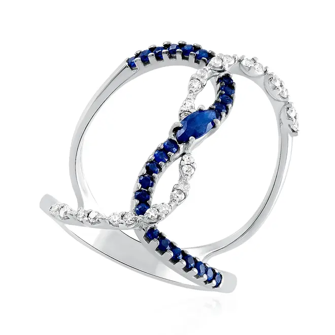 Anel Vazado de Ouro Branco 18K com Diamantes e Safiras