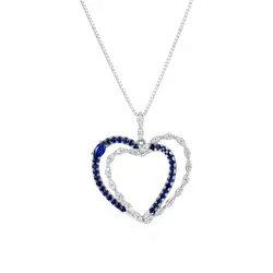 Pingente Coração Duplo Ouro Branco 18K com Diamantes e Safiras