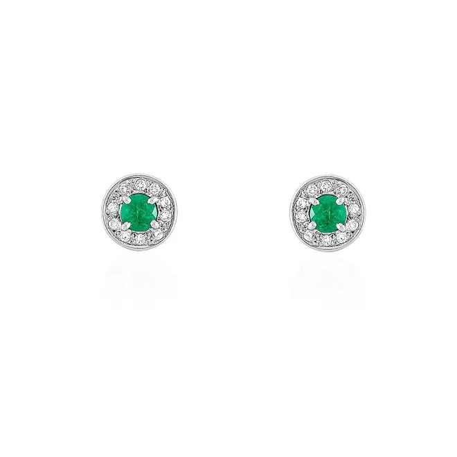 Par de Brincos de Ouro Branco 18K com Diamantes e Esmeraldas