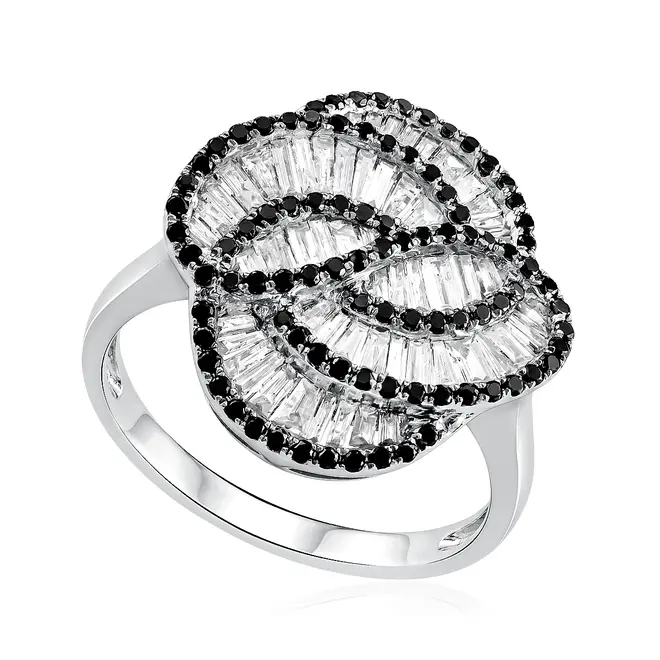 Anel Ondulado Ouro Branco 18K com Diamantes Baguetes e Diamantes Negros