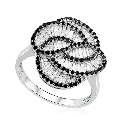 Anel Ondulado Ouro Branco 18K com Diamantes Baguetes e Diamantes Negros