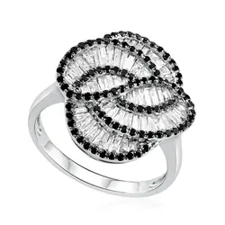 Anel Ondulado Ouro Branco 18K com Diamantes Baguetes e Diamantes Negros
